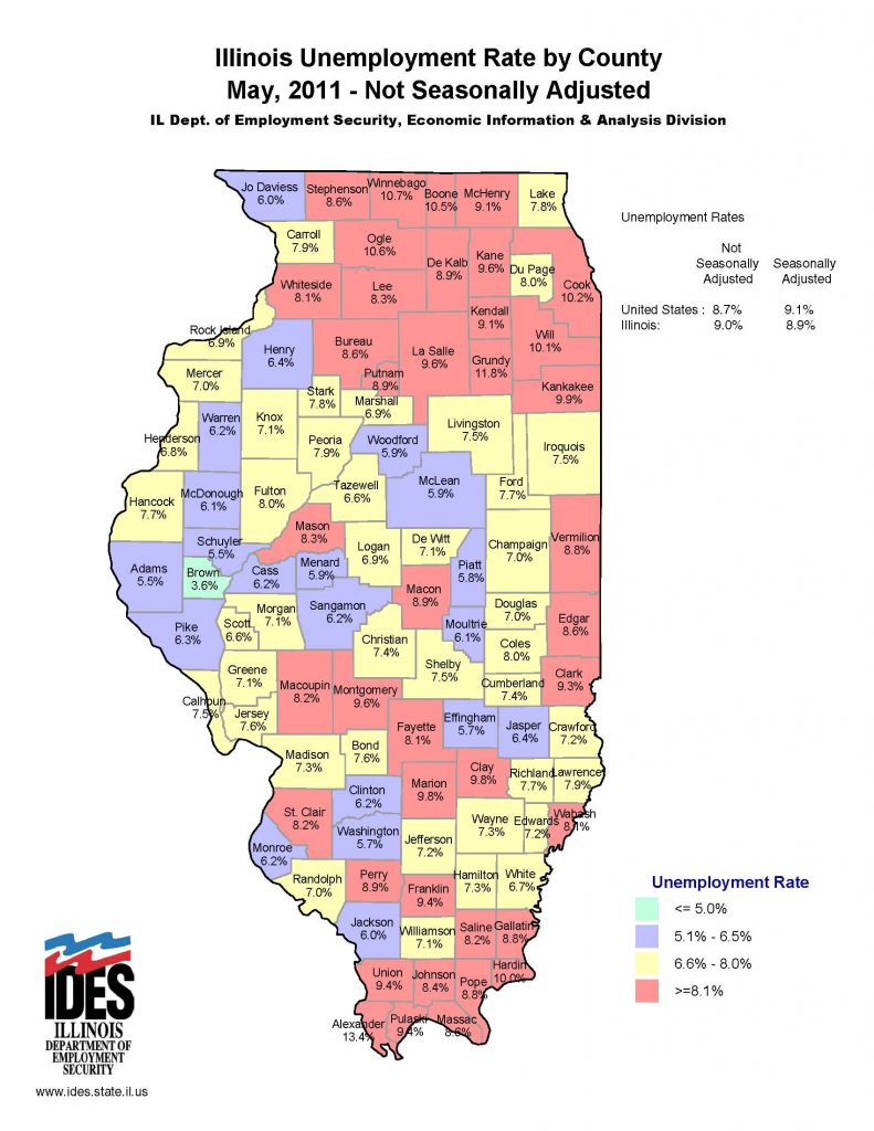 2011 May Unemployment Map by Illinois County